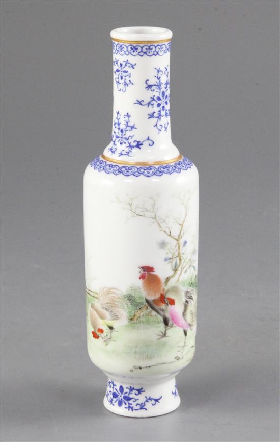 A Chinese famille rose small cylindrical vase, Qianlong mark, Republic period, 16cm